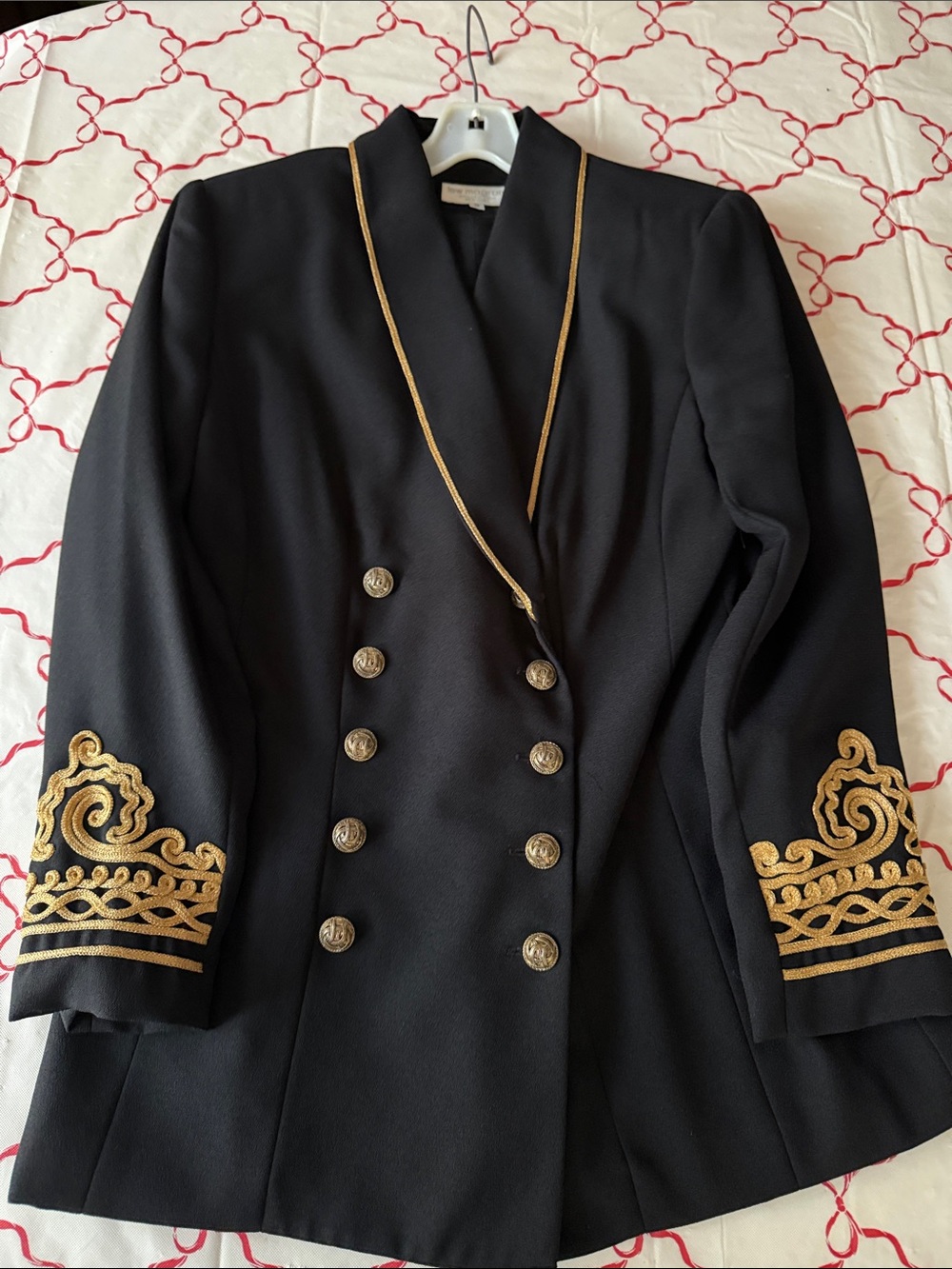 Vintage 90s Black Double-Breasted Blazer with Gold Embroidered Trim